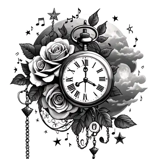 full moon with clouds roses gothic style rosary beads stars and music notes pocket watch  tattoo design idea