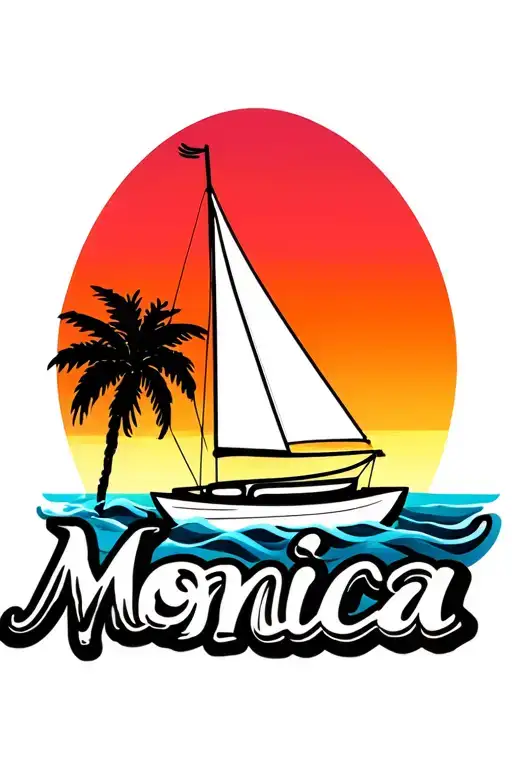 "Monica" white sailboat, ocean, sunrise Above the sun, island palm, beach, text at bottom in bubble letters tattoo design idea
