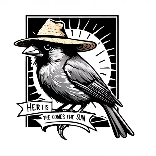 Cardinal with straw hat behind is the sun with words here comes the sun tattoo design idea