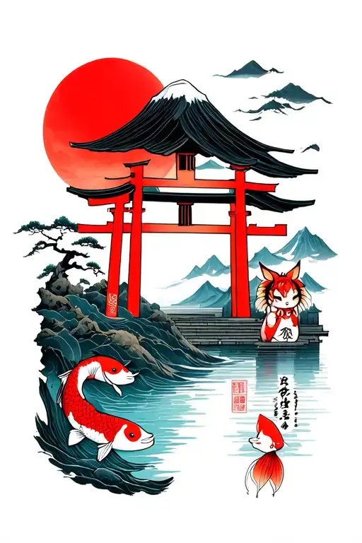 mt fuji with red sun, koi fish, kurama doll and tori gate tattoo design idea