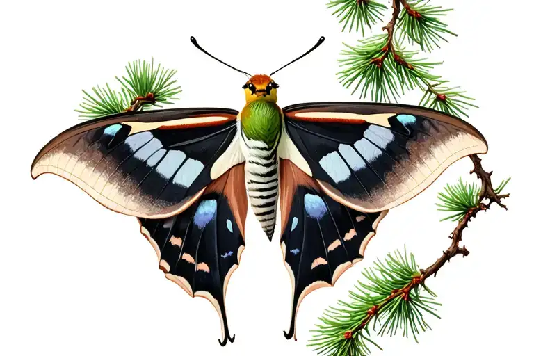 Luna moth and black-and-white warbler with pine branch in color tattoo design idea
