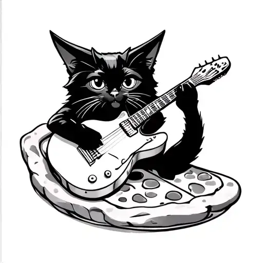 A tattoo of a black cat playing a guitar on a pizza slice, incorporating elements of punk rock and humor to represent the client's favorite things tattoo design idea