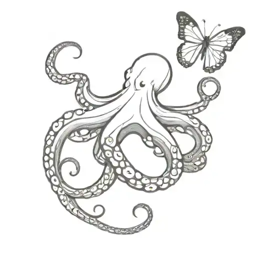 octopus with small butterfly on its tentacle tattoo design idea