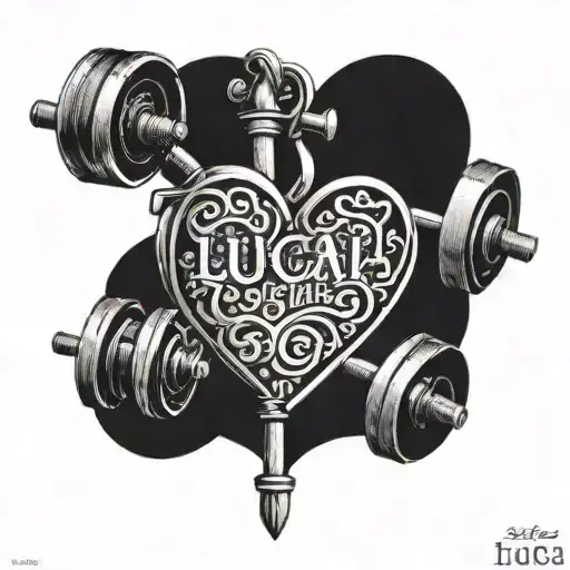 An intricate design of barbells and weights forming a heart shape, with the names Luca, Sophia, and Laura subtly incorporated within the design tattoo design idea