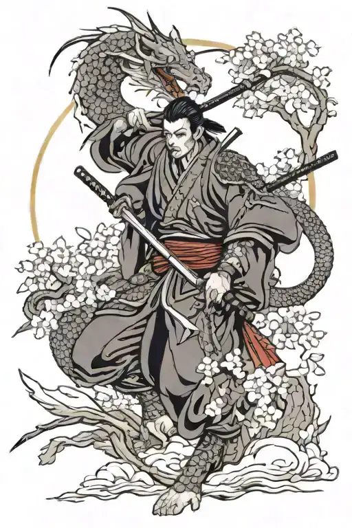 dragon, moon, full-length samurai with katana, sakura branch, japanese house tattoo design idea