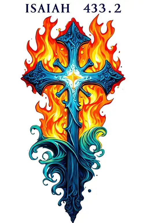 "Isaiah 43:2" maltese cross with fire and water waves tattoo design idea