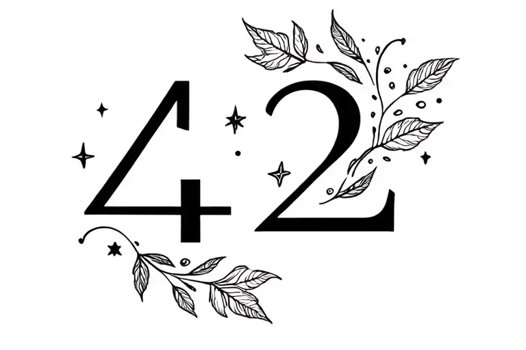 the number 42 with autumn leaves, wind and stars tattoo design idea