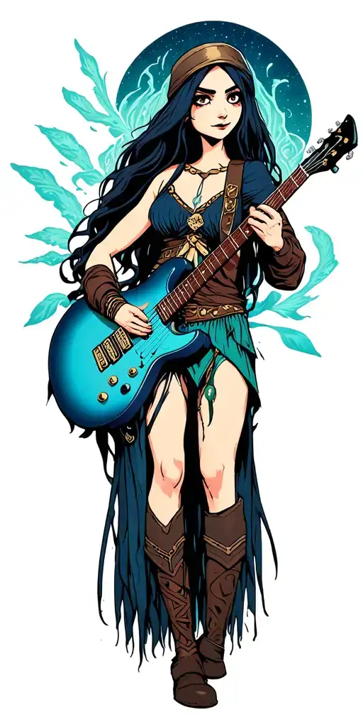 Marceline from Adventure Time as a norse goddess with fjord background including her guitar tattoo design idea