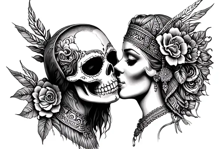 sugar skull grim reaper, kissing aztec godess full tattoo design idea
