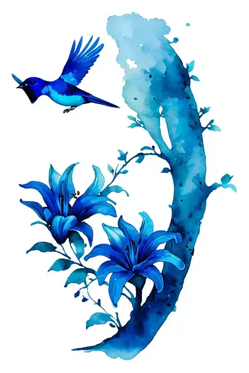 leopard print, lily flowers, tree of life, blue birds tattoo design idea