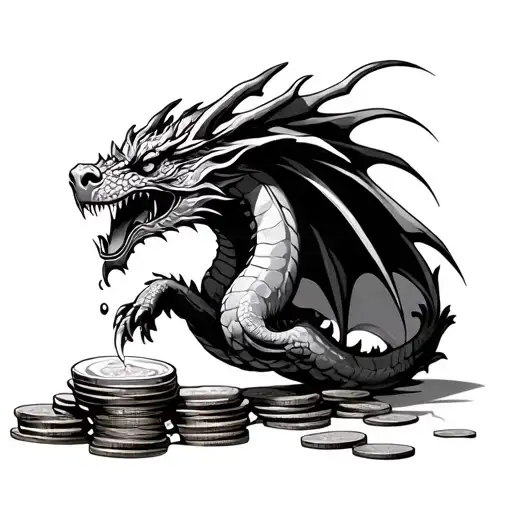 sketch Dragon pouring coins. With horseshoe. Infinity sign tattoo design idea