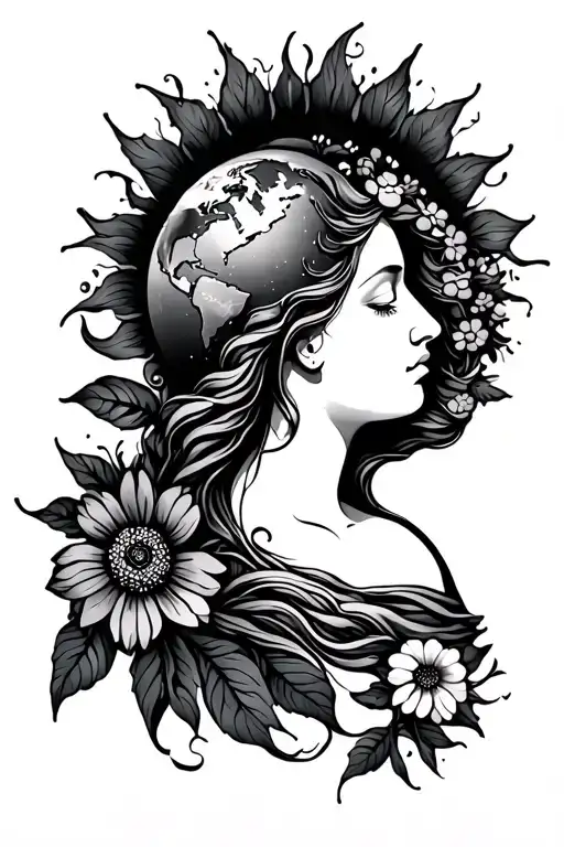 Mother Earth with sun and flowers tattoo design idea