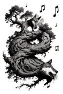 Tree with twisting motion, with music notes and a wolf, gritty style tattoo design idea