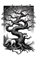 Tree with twisting motion, with music notes and a wolf, gritty style tattoo design idea