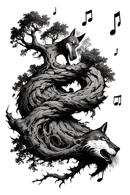 Tree with twisting motion, with music notes and a wolf, gritty style tattoo design idea