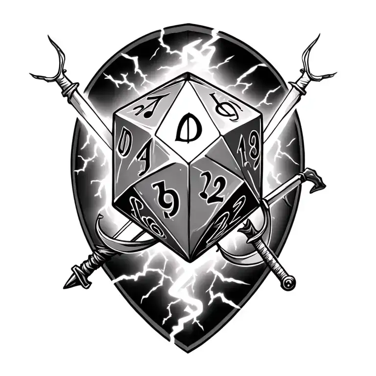 d20 with crossbow behind with lightning and rapier with musical notes tattoo design idea