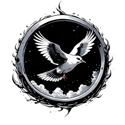 a bird flying through a ring floating in the sky  tattoo design idea