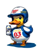 rubber duck holding a Miller lite beer can, the duck wearing the number 03, race car helmet, pizza background tattoo design idea