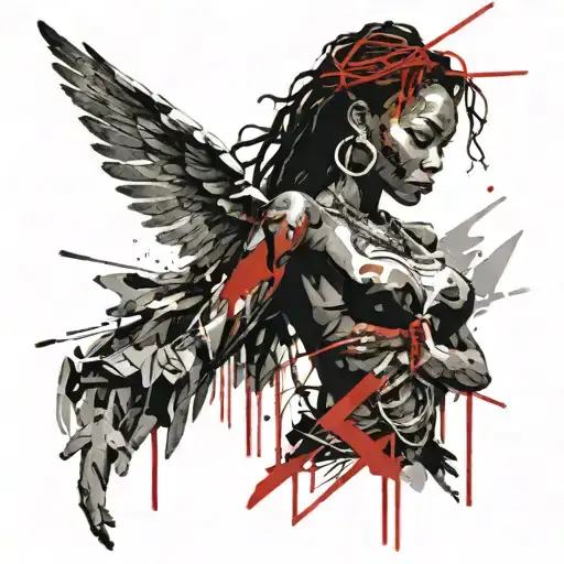 a melanated female angel with braided black hair tattoo design idea