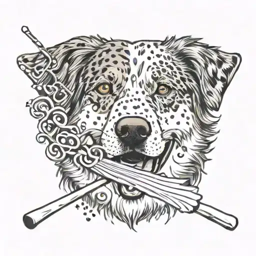 An Australian Shepherd holding a drumstick in its mouth, with waves and musical notes flowing around it tattoo design idea