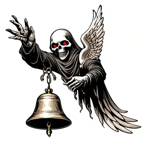 The grim reaper handing out a dangling guardian bell with a guardian angel wings on the bell and has red eyes tattoo design idea