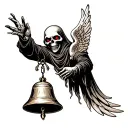 The grim reaper handing out a dangling guardian bell with a guardian angel wings on the bell and has red eyes tattoo design idea
