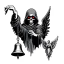 The grim reaper handing out a dangling guardian bell with a guardian angel wings on the bell and has red eyes tattoo design idea