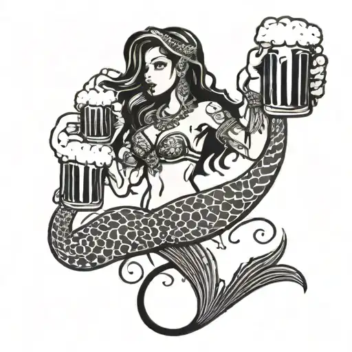 A tribal mermaid holding a beer mug, with hip hop symbols incorporated into the design tattoo design idea