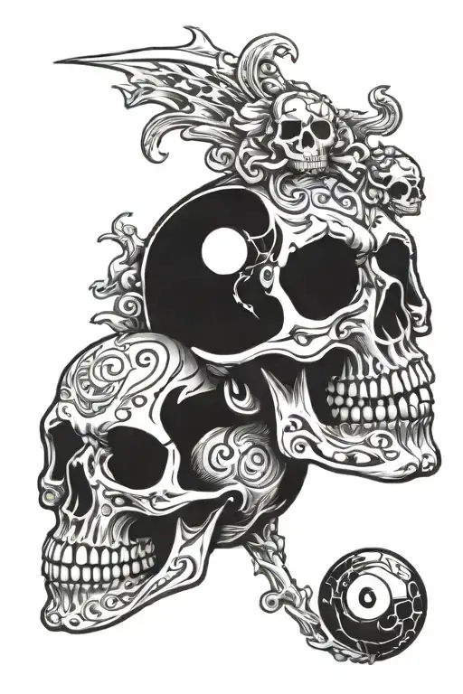 skull holding eight ball tattoo design idea