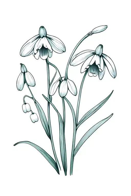  snowdrop,  cosmo, lily of valley , narcissus. one flower each in a bouquet  tattoo design idea