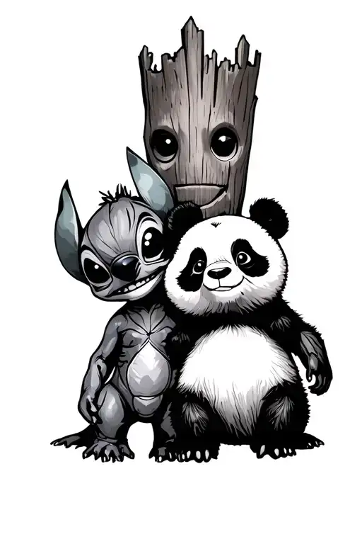 Stitch with Groot, La Belle and Panda Roux tattoo design idea