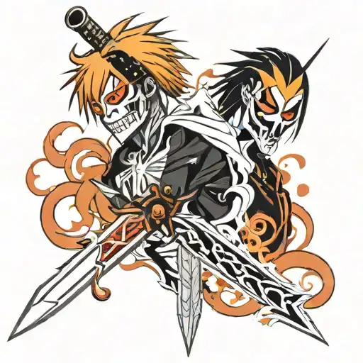 bleach the anime tattoo design with ichigos sword and ichigos mask dangling off the masks hilt tattoo design idea