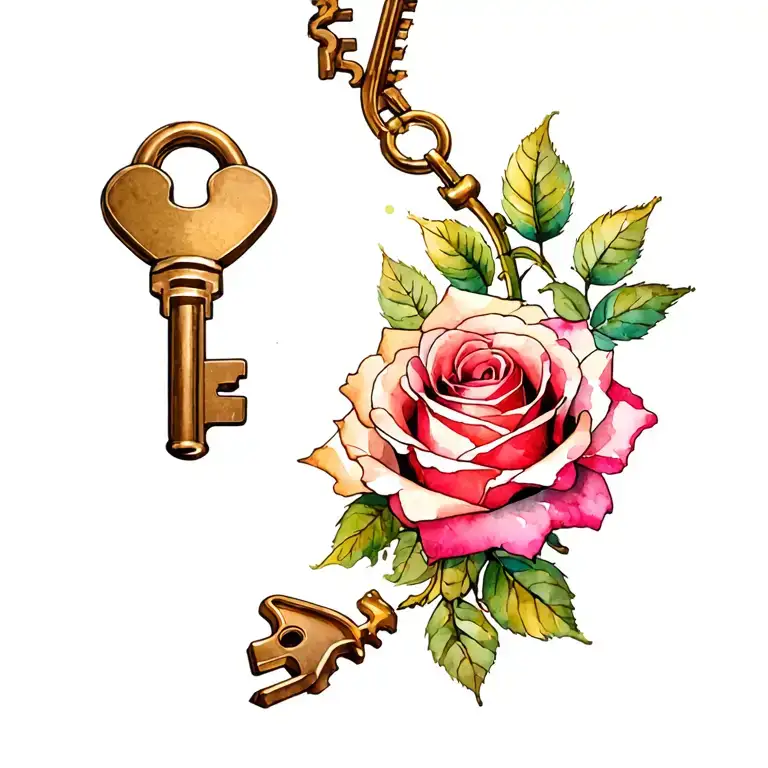 lock and key intertwined, roses, compase pointing toward tattoo design idea