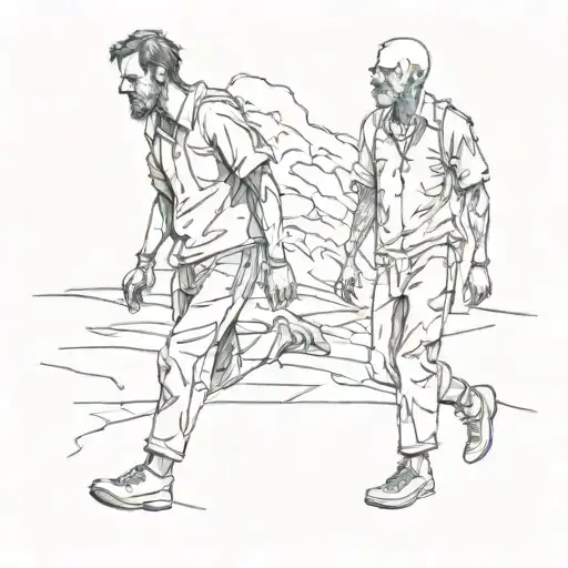 two man walking aside together. one of them is dead soul and happy. other one is tiered and bloody trying to walk on kne tattoo design idea
