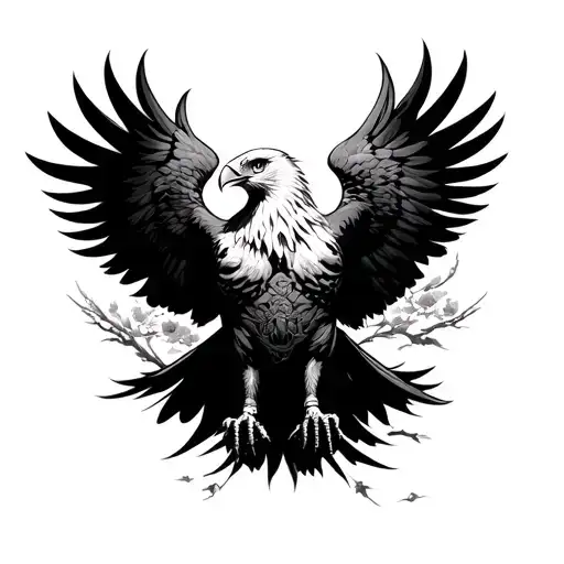 Full back tattoo design in dark Japanese-inspired style. A powerful eagle spreads its wings across the upper back and ne tattoo design idea
