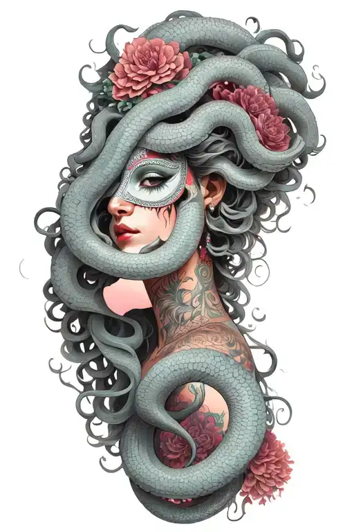 medusa goddess with oni mask, hair snakes tattoo design idea