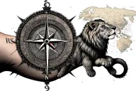 broken compass on forearm with baby lion and map background tattoo design idea