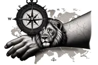 broken compass on forearm with baby lion and map background tattoo design idea