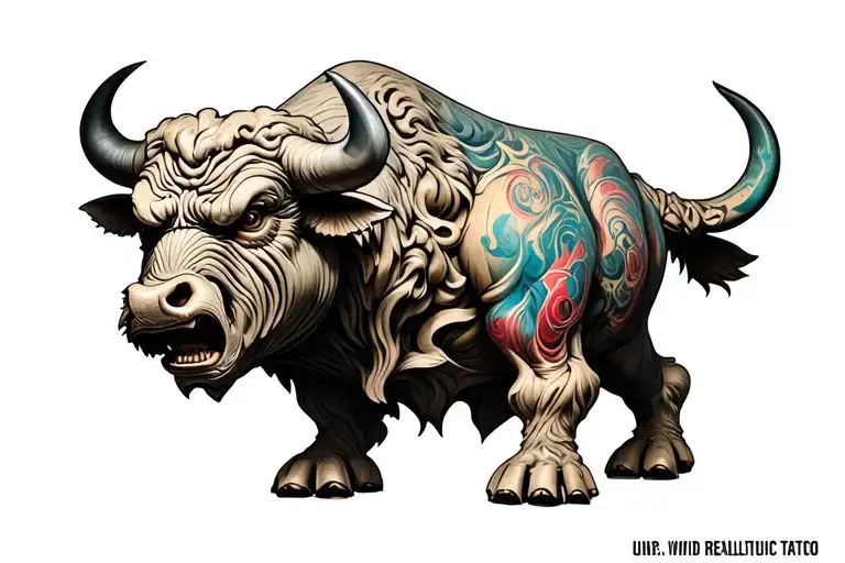 raging bull full body carved out of stone sharp  and angry tattoo design idea