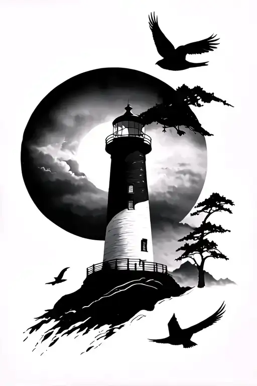 lighthouse and birds flying tattoo design idea