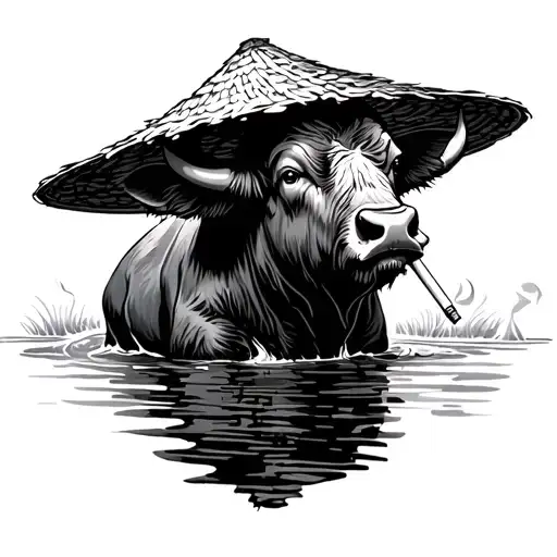 water buffalo with rice hat smoking a cigarette tattoo design idea