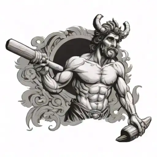 greek god holding a cricket bat hanging upside tattoo design idea