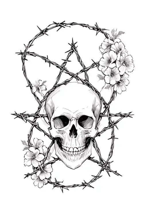 skull and bones pentagram barbed wire wrapped with dead flowers surrounding  tattoo design idea
