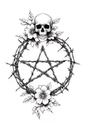 skull and bones pentagram barbed wire wrapped with dead flowers surrounding  tattoo design idea