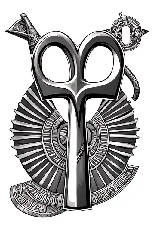 egyptian design including ankh, staff of Anubis and Osiris rods tattoo design idea
