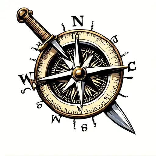Make me a classic tattoo design of a nautical compass with a sword going through it from north to south with a pirate ho tattoo design idea