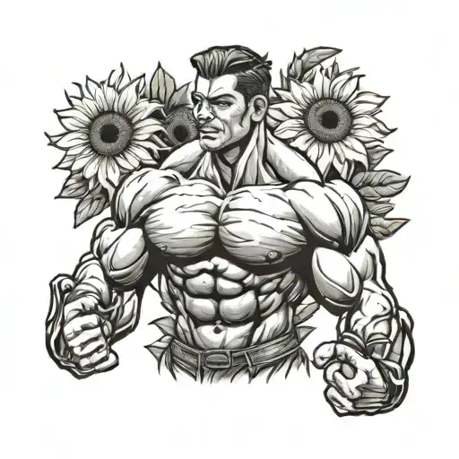 Create a tattoo of a bodybuilder flexing with sunflowers in the background tattoo design idea