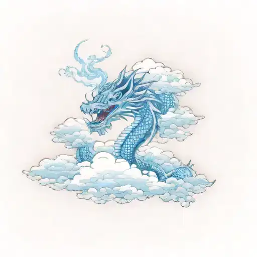 clouds tattoo dotwork half sleeve with decent blue söim dragon  and fade tattoo design idea