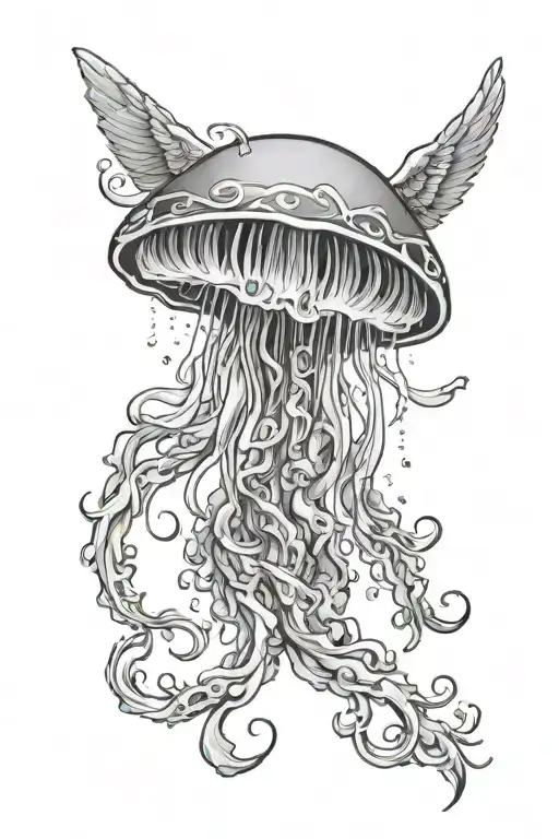 jellyfish passing through a halo fallen angel good omens tattoo design idea
