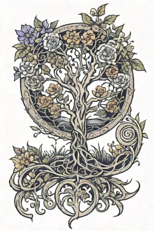 tree of life with May, August, October, November, June birth flowers tattoo design idea